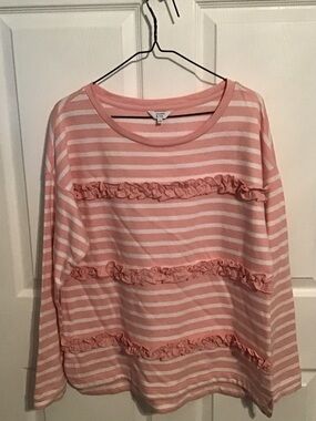 Crown & Ivy Striped Pink & White Ruffle Sweater Top Size L EUC